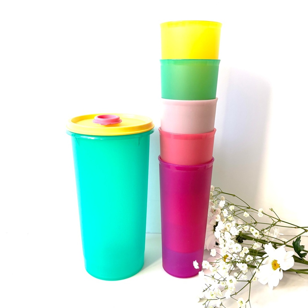 Tupperware Tumblers & Mega W/ Lid 16oz Drinking Glass NOS Set 7 USA Stackable